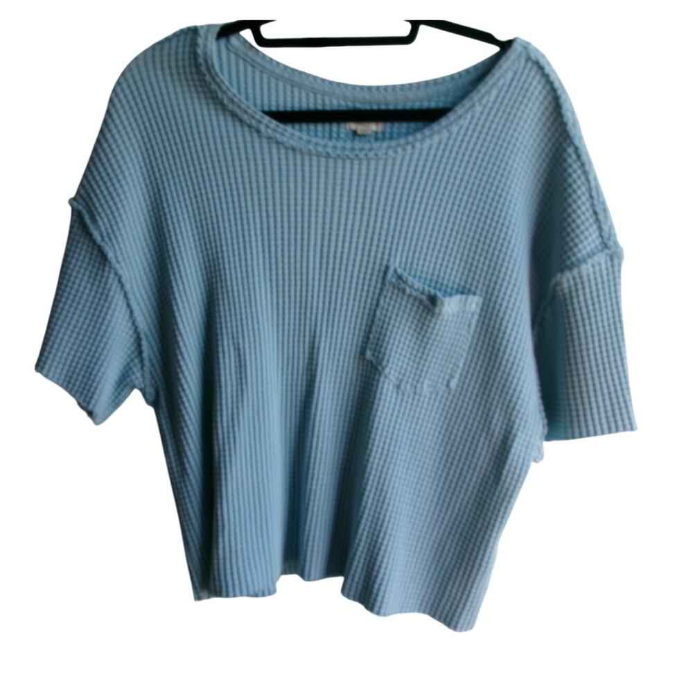 Anthropologie Pilcro Waffle Knit Pocket Tee Boxy Cropped Blue Small
